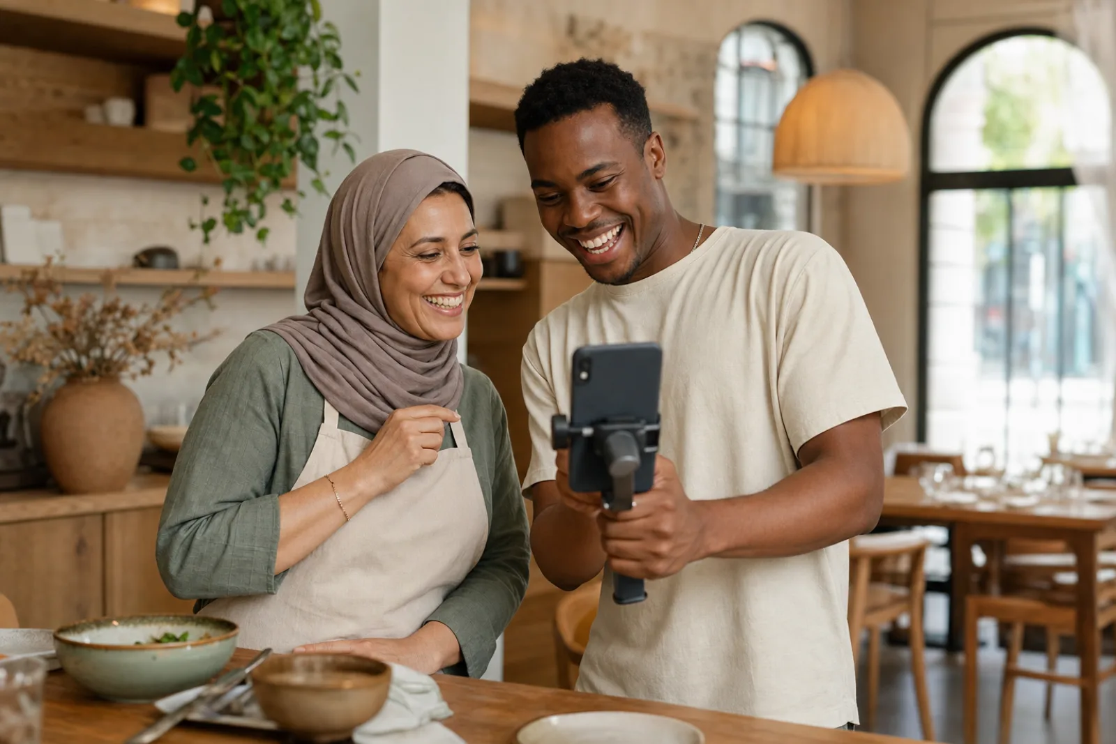 A brand owner and a creator laughing while reviewing footage together